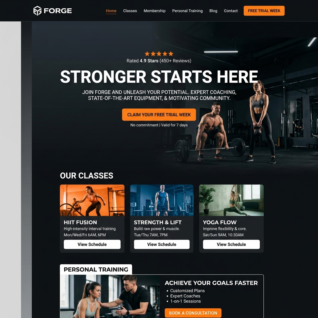 Forge Fitness gym website mockup