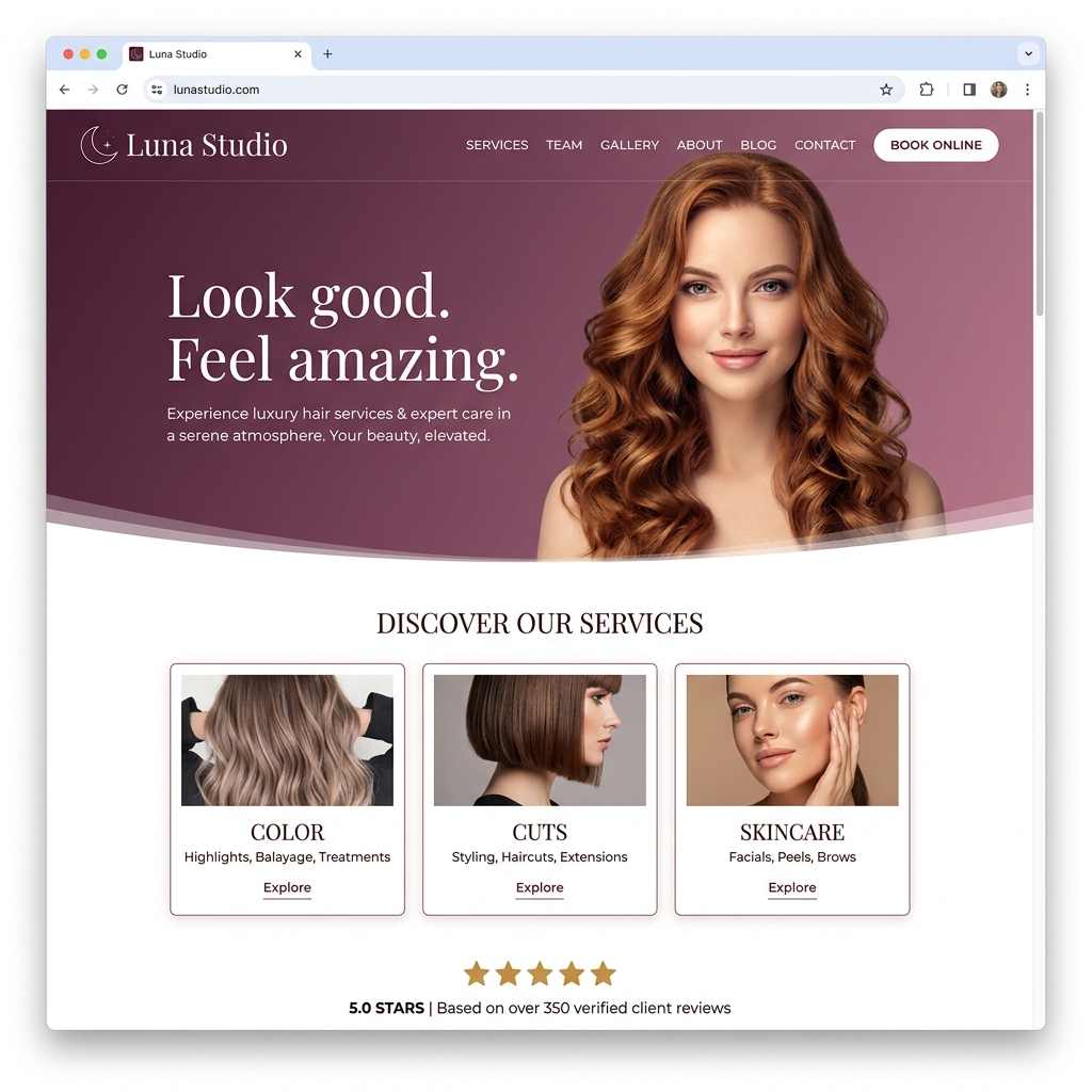 Luna Studio salon website mockup